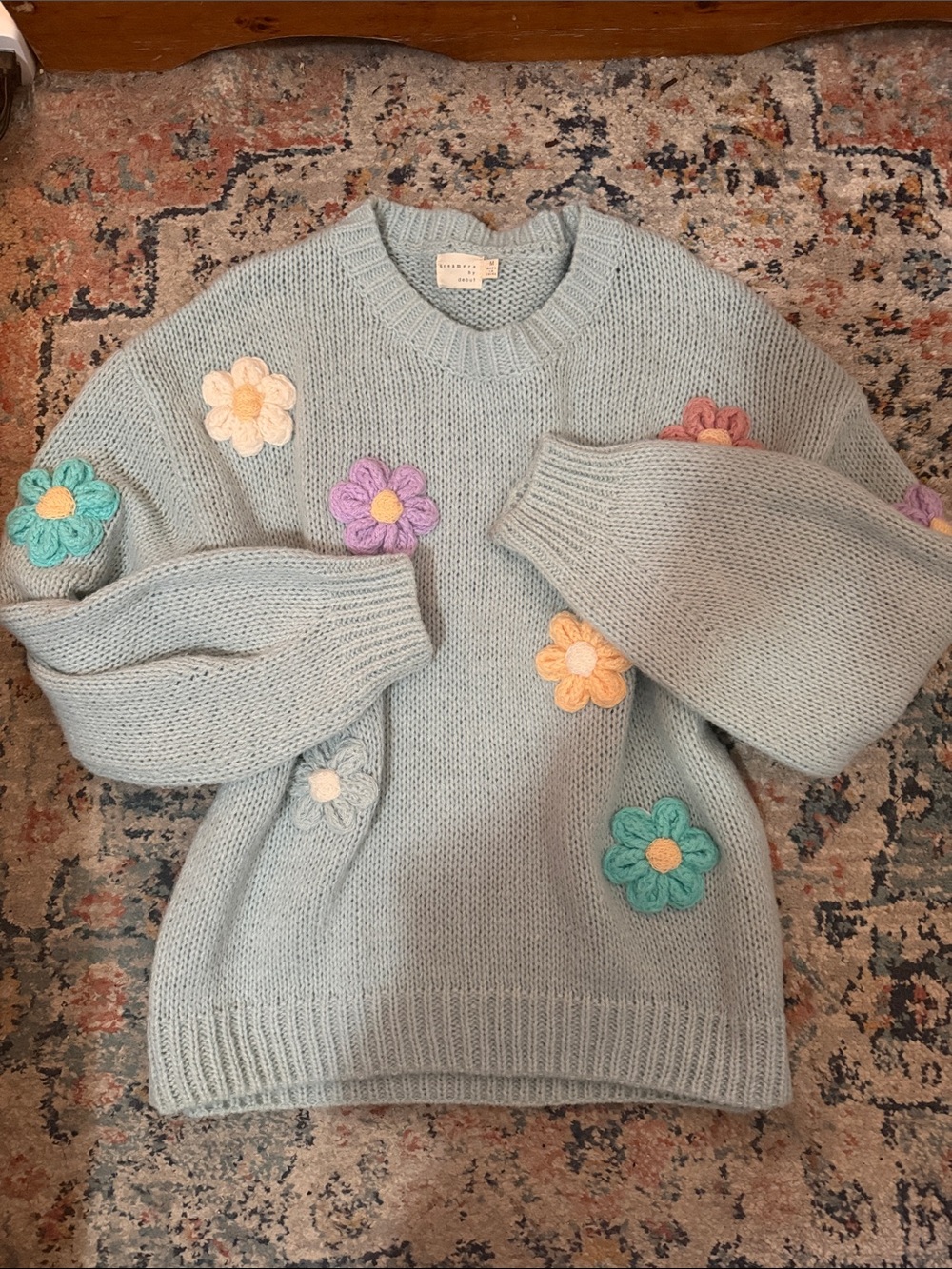 Dreamers Light Blue Crochet Flower Knit Sweater